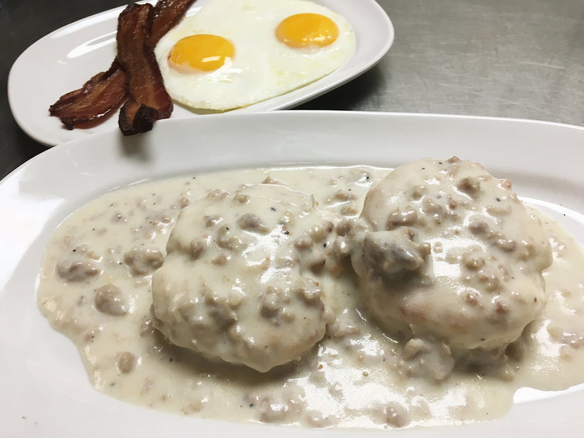 Biscuits and gravy breakfast plate at Bailey’s Breakfast & Lunch in Omaha