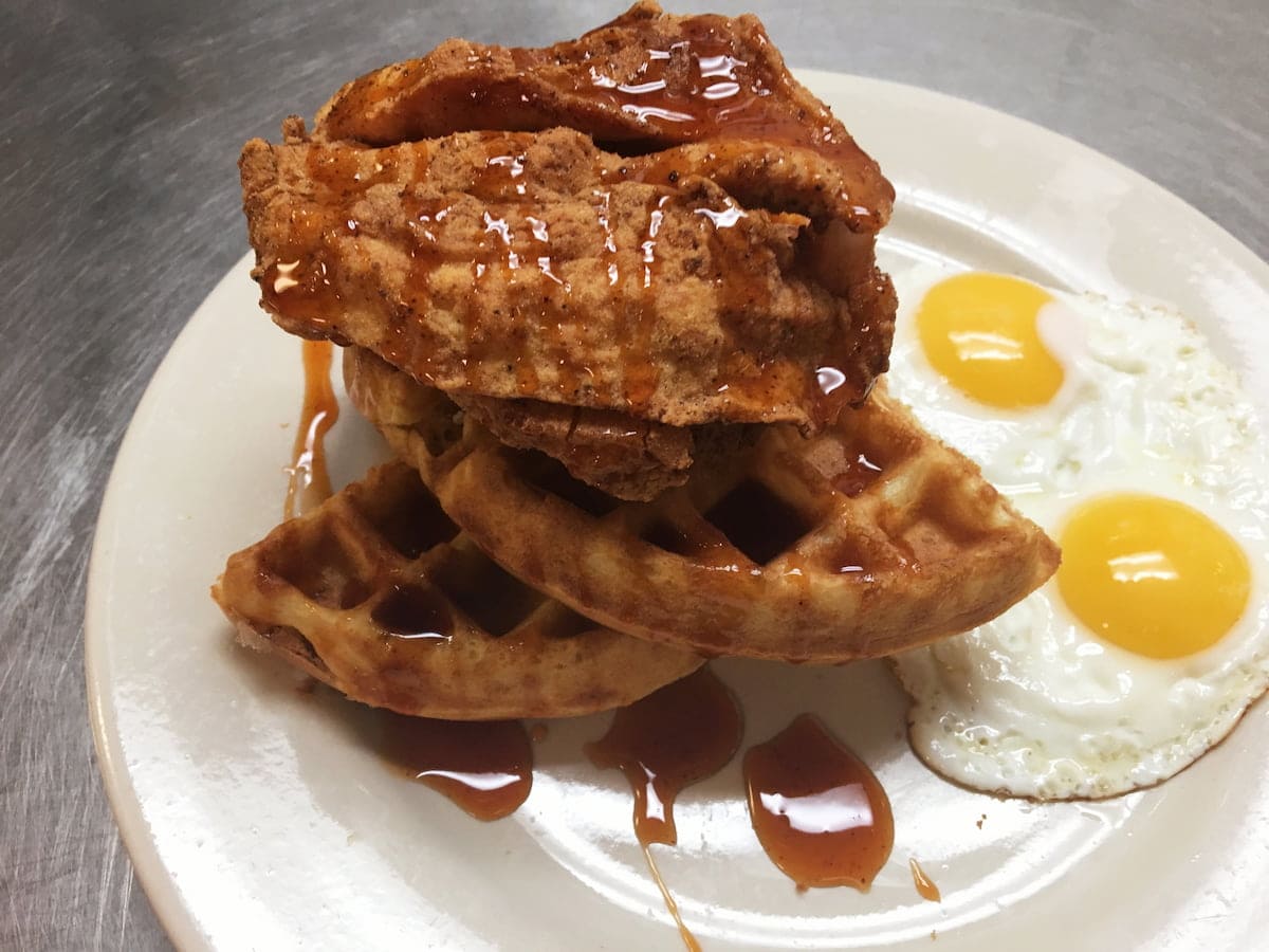 Chicken and waffles breakfast plate at Bailey’s Breakfast & Lunch in Omaha