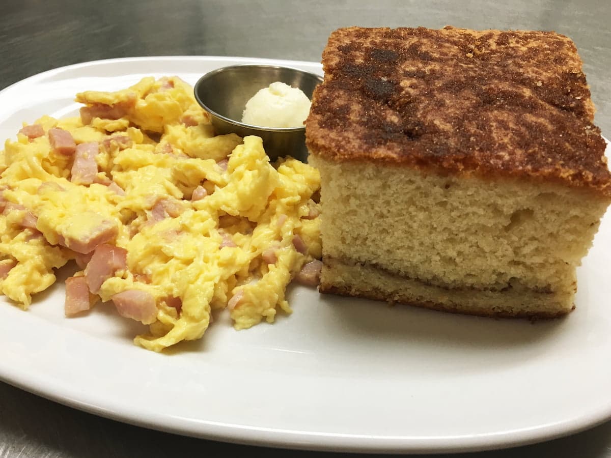Bailey’s coffee cake combo breakfast plate at Bailey’s Breakfast & Lunch in Omaha