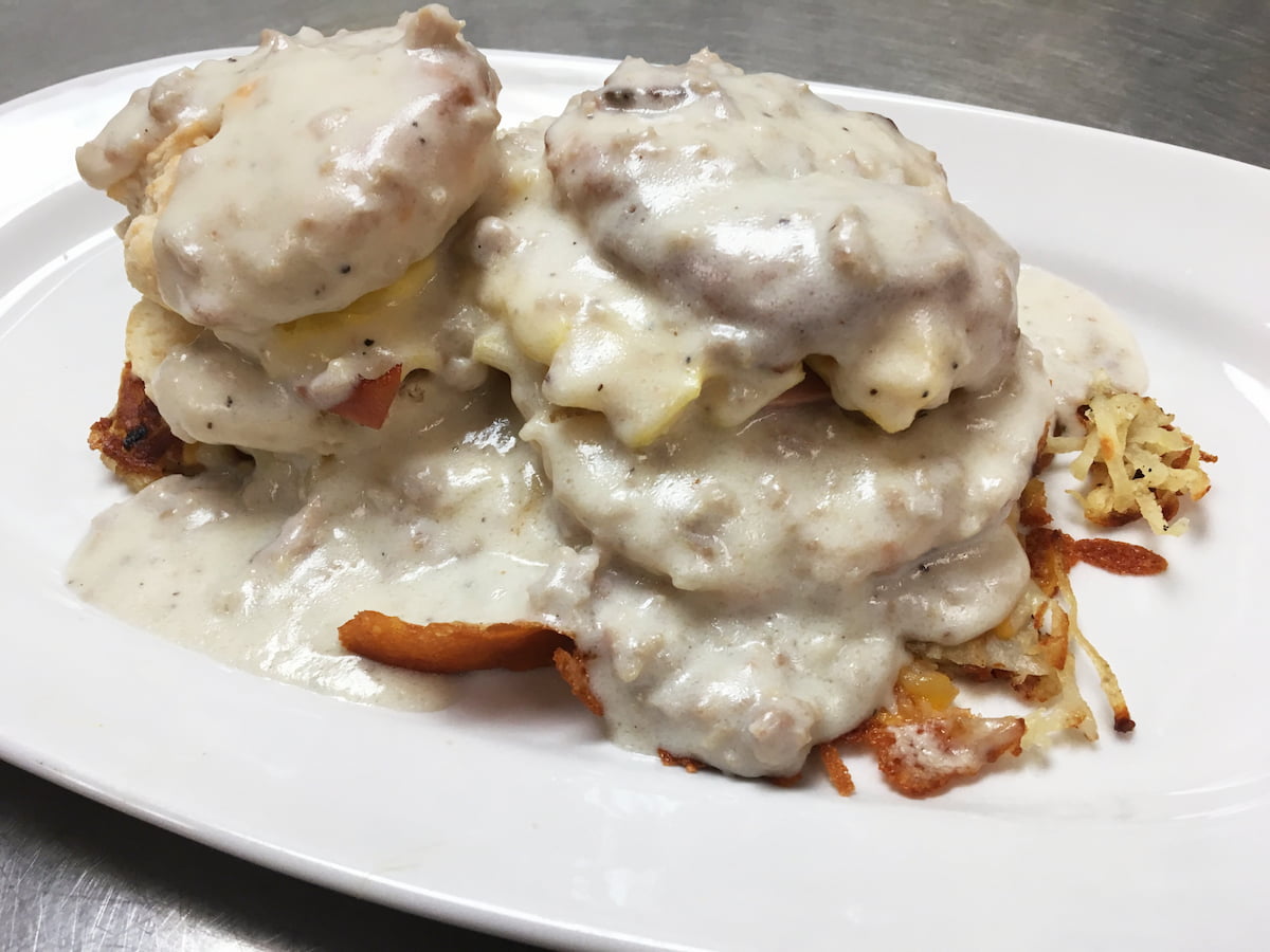 The Hired Hand breakfast plate with biscuits, eggs and sausage gravy at Bailey’s Breakfast & Lunch in Omaha