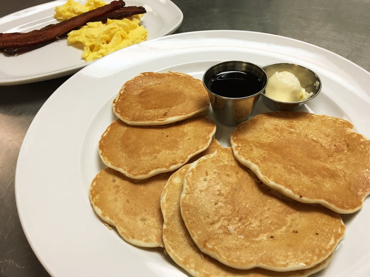 Silver dollar pancakes breakfast plate at Bailey’s Breakfast & Lunch in Omaha