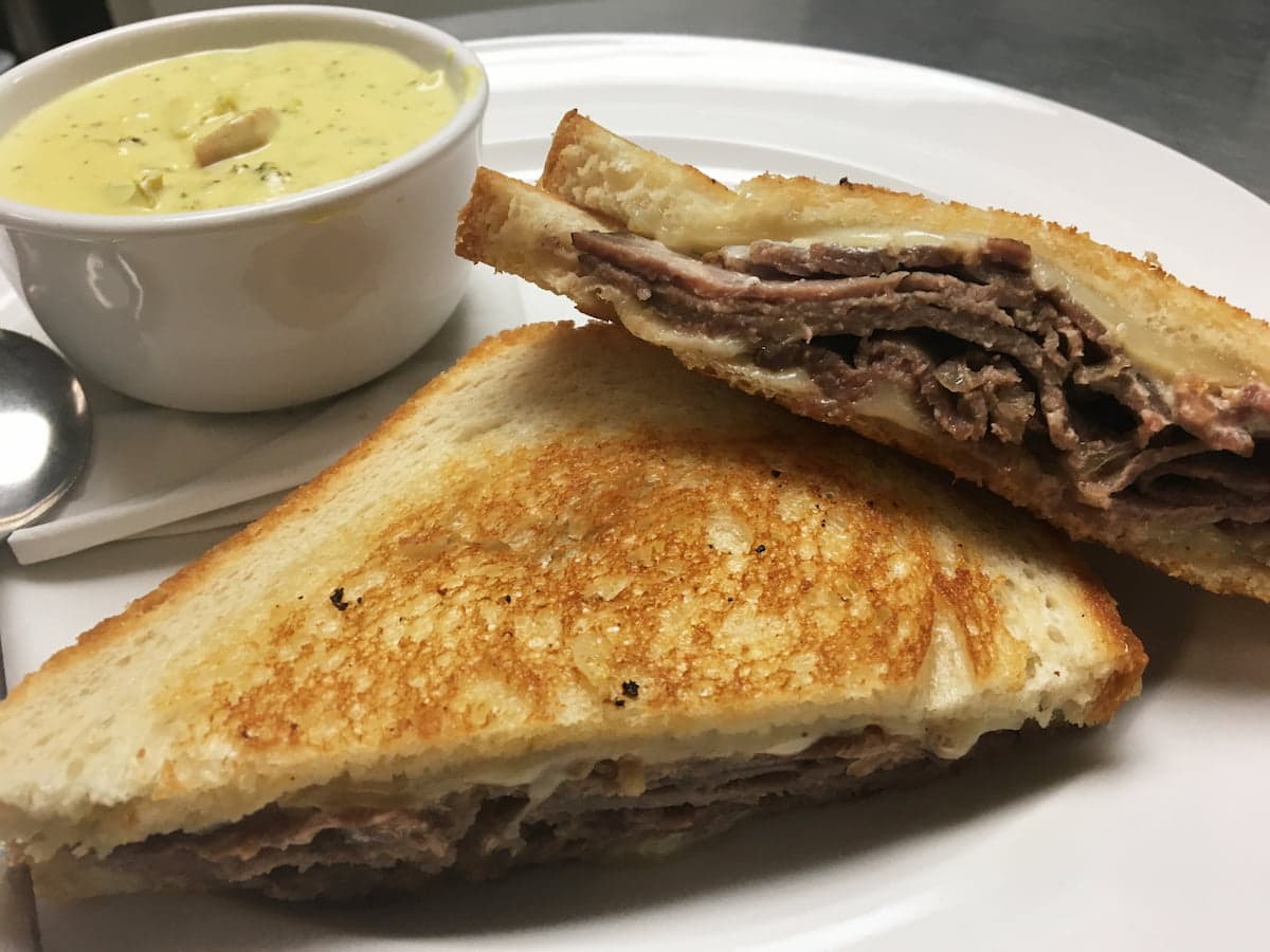 Prime rib melt sandwich with Swiss cheese at Bailey’s Breakfast & Lunch in Omaha