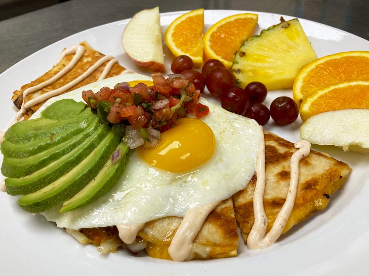 Bacon and hashbrown quesadilla breakfast special at Bailey's Breakfast & Lunch in Omaha