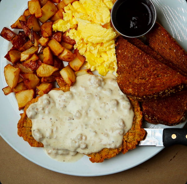 Chicken fried steak and eggs breakfast plate at Bailey’s Breakfast & Lunch in Omaha