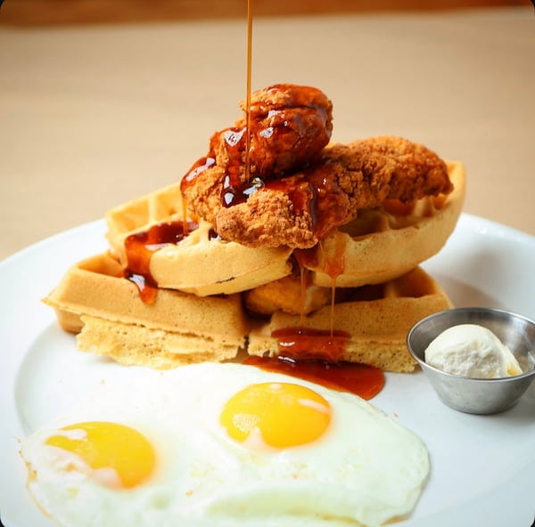 Chicken and waffles breakfast plate at Bailey’s Breakfast & Lunch in Omaha