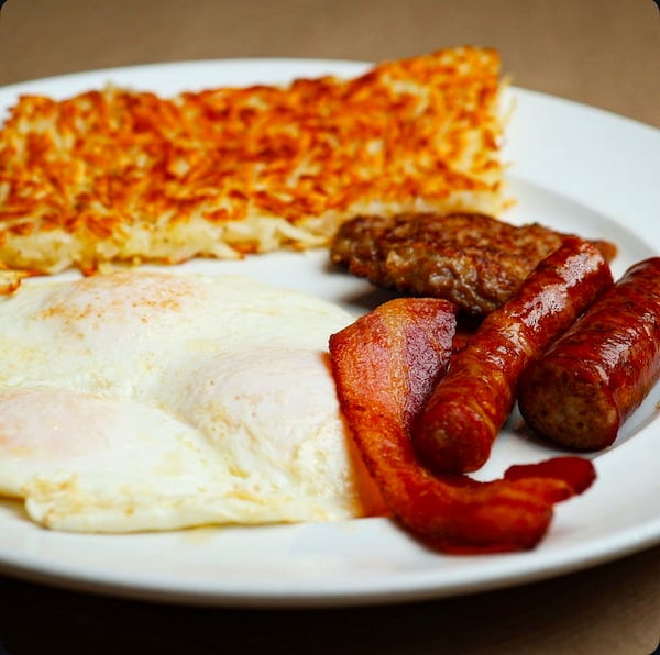 The Trucker breakfast plate with eggs and sausage at Bailey’s Breakfast & Lunch in Omaha