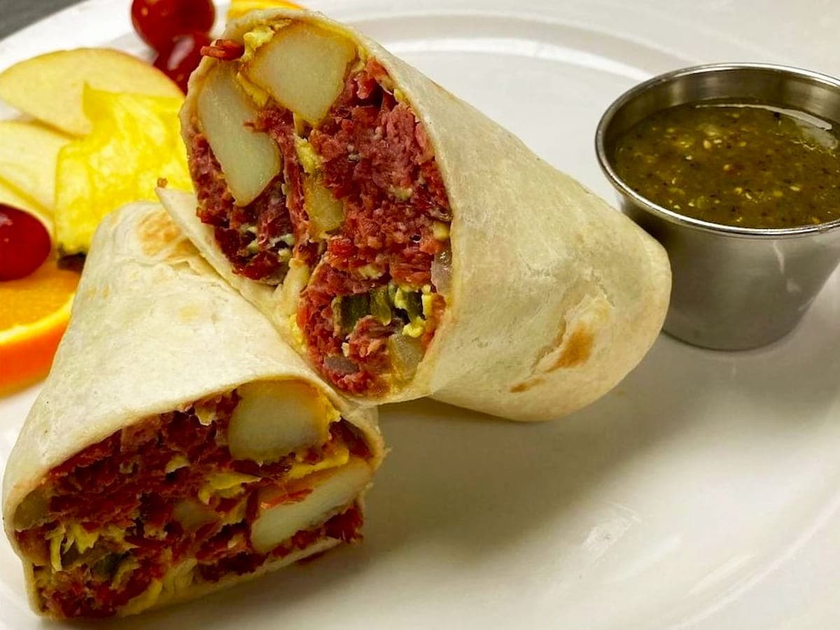 Corned beef hash burrito lunch special at Bailey's Breakfast & Lunch in Omaha
