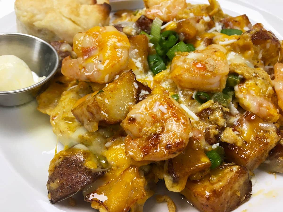 Sautéed shrimp scramble breakfast special at Bailey's Breakfast & Lunch