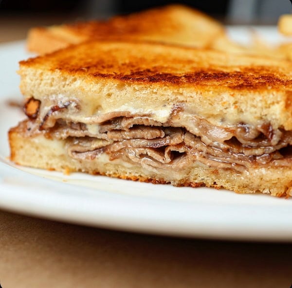 Prime rib melt sandwich with Swiss cheese at Bailey’s Breakfast & Lunch in Omaha