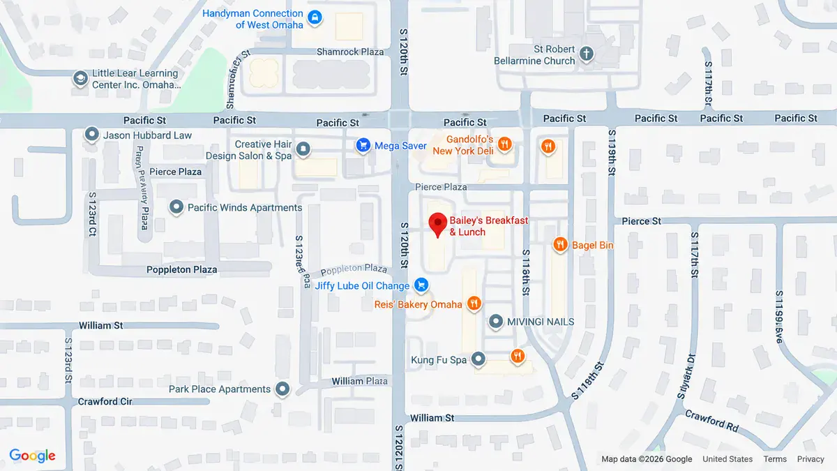 Map showing Bailey's Breakfast & Lunch at 1259 South 120th Street in Omaha
